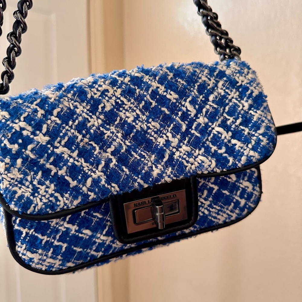 Karl Lagerfeld Tweed Shoulder Bag Chain Blue